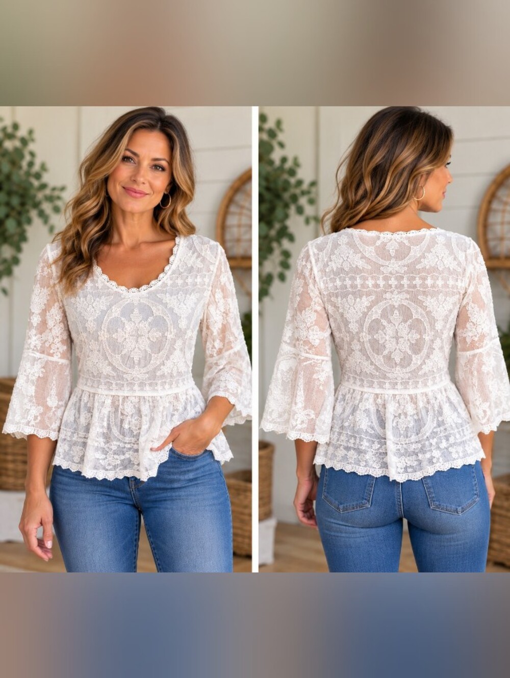 democracy petite white lace boho peplum blouse bell sleeve xsp